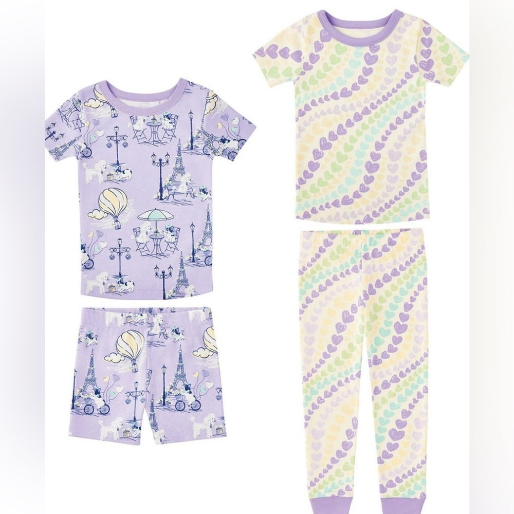 Toddler Girls 4 Piece 100% Organic Cotton Pajama Set 2 Tops, 1 Short & 1 Pants